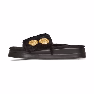 (W) Balmain Tam Flat Sandal 'Black Faux Fur'