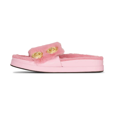 (W) Balmain Tam Flat Sandals 'Pink Faux Fur'