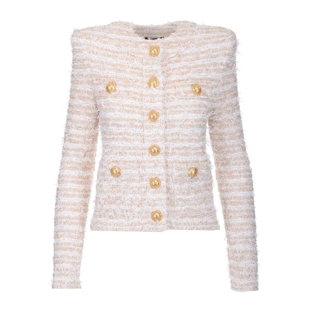 (Women) BALMAIN Tweed Collarless Jacket Women Pink White XF1SK250KB19-GAD