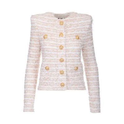 (Women) BALMAIN Tweed Collarless Jacket Women Pink White XF1SK250KB19-GAD