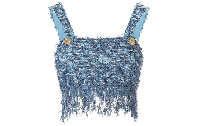(Women) Balmain Tweed Vest with Logo and Fringed Edges - Blue VF0AA010K260-6FF