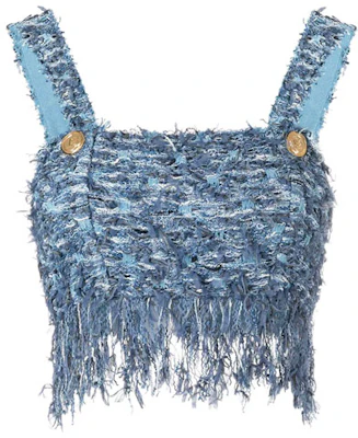 (Women) Balmain Tweed Vest with Logo and Fringed Edges - Blue VF0AA010K260-6FF Buy (Women) Balmain Tweed Vest with Logo and Fringed Edges - Blue VF0AA010K260-6FF