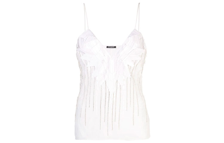 (Women) Balmain White Crystal Logo V-Neck Slim-Fit Tank Top. RF00403P009
