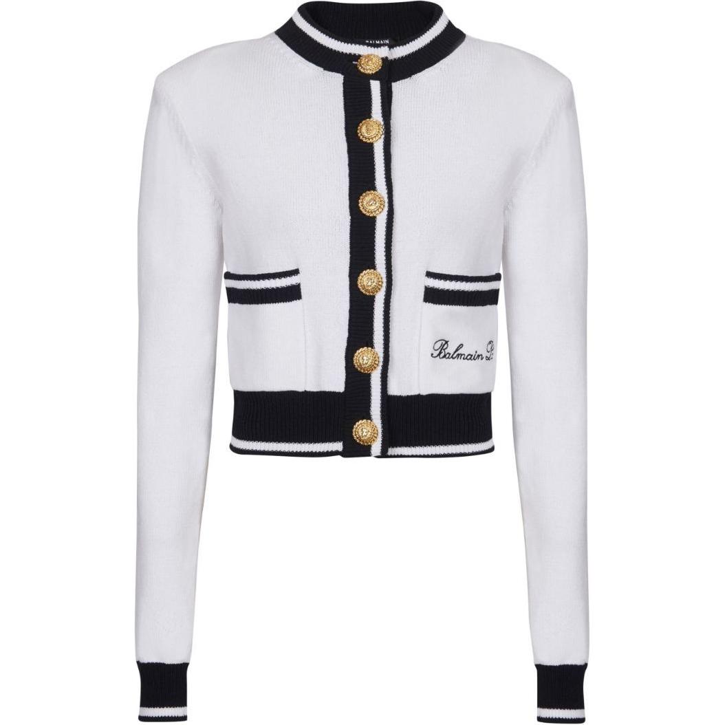 (Women) Balmain White SS24 Embroidered Knit Cardigan Long Sleeve. DF1KL133-KG48-GAB