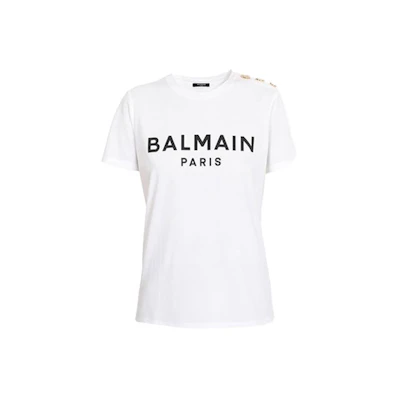 (Women) BALMAIN White T-Shirt with Black Letter Print Crew Neck Short Sleeve. VF11350-B001-GAB