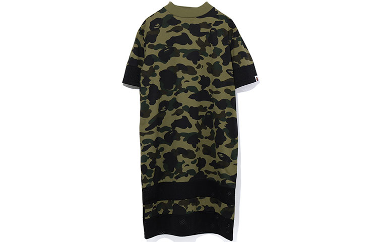 (Women) BAPE  Camo Patchwork Mesh Short-Sleeve Midi Dress. 0ZXDSW135501E