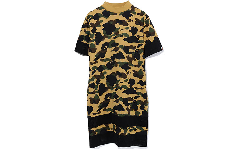 Shop (W) BAPE 迷彩拼接網布短袖中長洋裝 0ZXDSW135501E