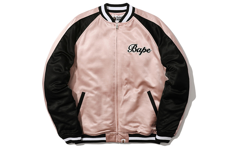 (Women) BAPE  Pink Satin Jacket with Letter Patches and Colorblock Design. 0ZXJKM40503XC