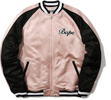 (Women) BAPE Pink Satin Jacket with Letter Patches and Colorblock Design. 0ZXJKM40503XC (Women) BAPE Pink Satin Jacket with Letter Patches and Colorblock Design. 0ZXJKM40503XC