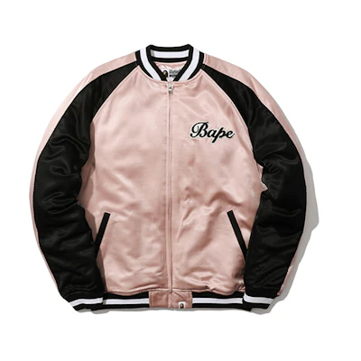 (Women) BAPE Pink Satin Jacket with Letter Patches and Colorblock Design. 0ZXJKM40503XC