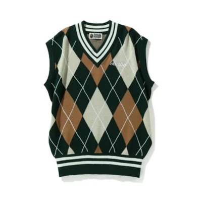 (Women) BAPE Embroidery Argyle Knit Vest Colorblock Diamond V-Neck Pullover Women. 1I30-220-002