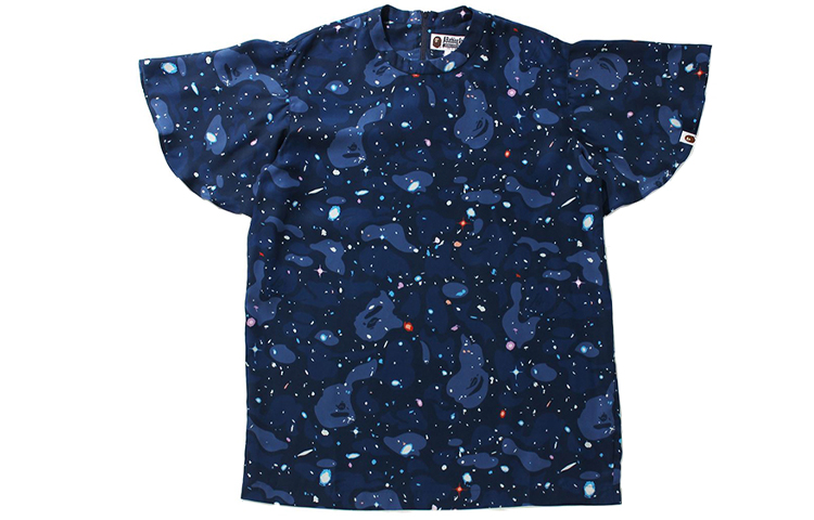 (Women) BAPE Logo Starry Pattern Lace Trim  T-Shirt Navy Blue. 0ZXTEW235507H