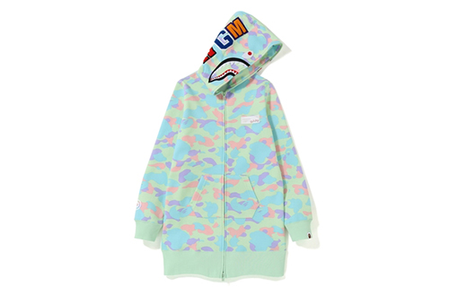 (Women) BAPE Shark Pastel Multi Camo Full Zip Hoodie Long Coat Light Green Camo 1F30-235-511GREEN