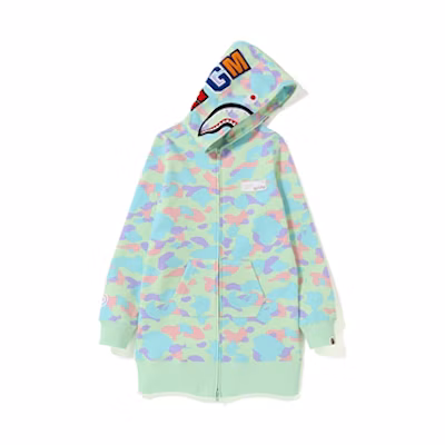 (Women) BAPE Shark Pastel Multi Camo Full Zip Hoodie Long Coat Light Green Camo 1F30-235-511GREEN