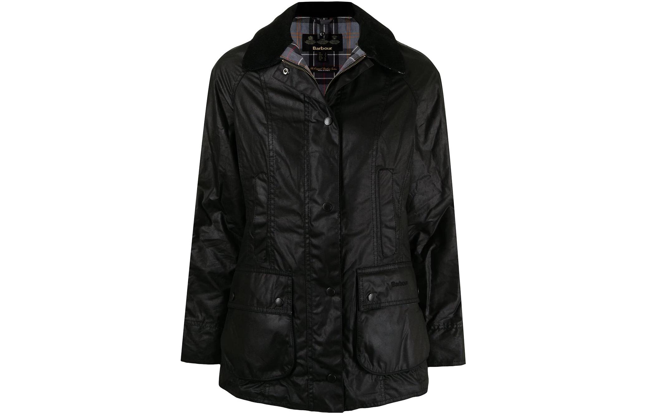 Order (W) BARBOUR SS23 Jaket Hitam Waxed Cotton Single-Breasted. LWX0667BK11
