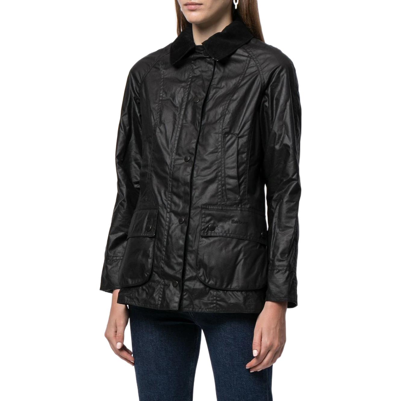 Shop (W) BARBOUR SS23 Jaket Hitam Waxed Cotton Single-Breasted. LWX0667BK11