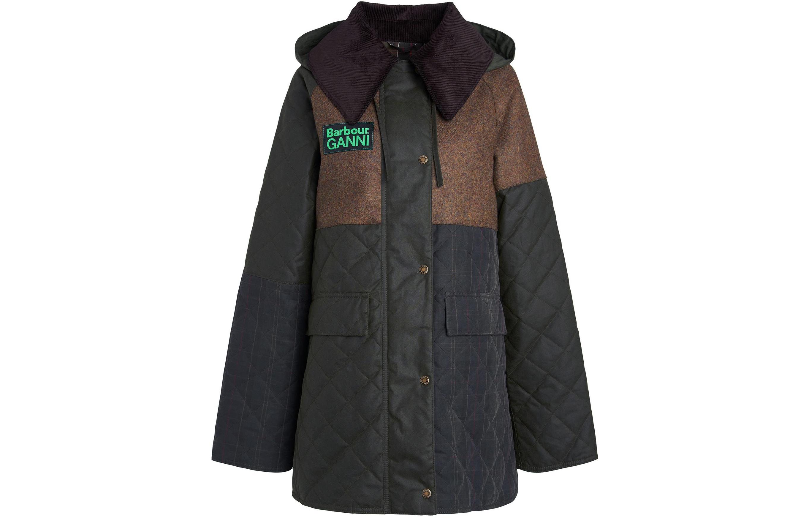 (Women) BARBOUR x GANNI SS24  Quilted Wax Jacket Green Colorblock Hooded Coat LWX1385OL51