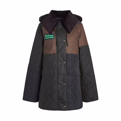 (Women) BARBOUR GANNI SS24 Quilted Wax Jacket Green Colorblock Hooded Coat LWX1385OL51