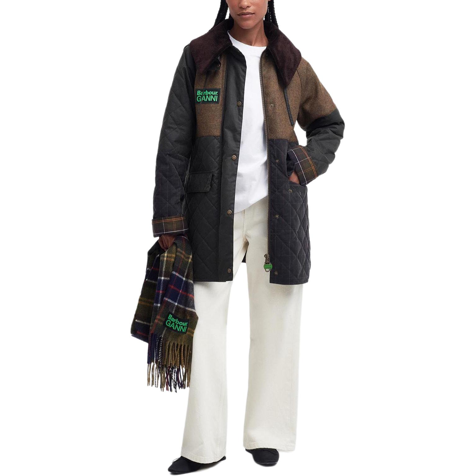 Lookbook (W) BARBOUR x GANNI SS24绿色拼接连帽外套绗缝蜡棉夹克 LWX1385OL51