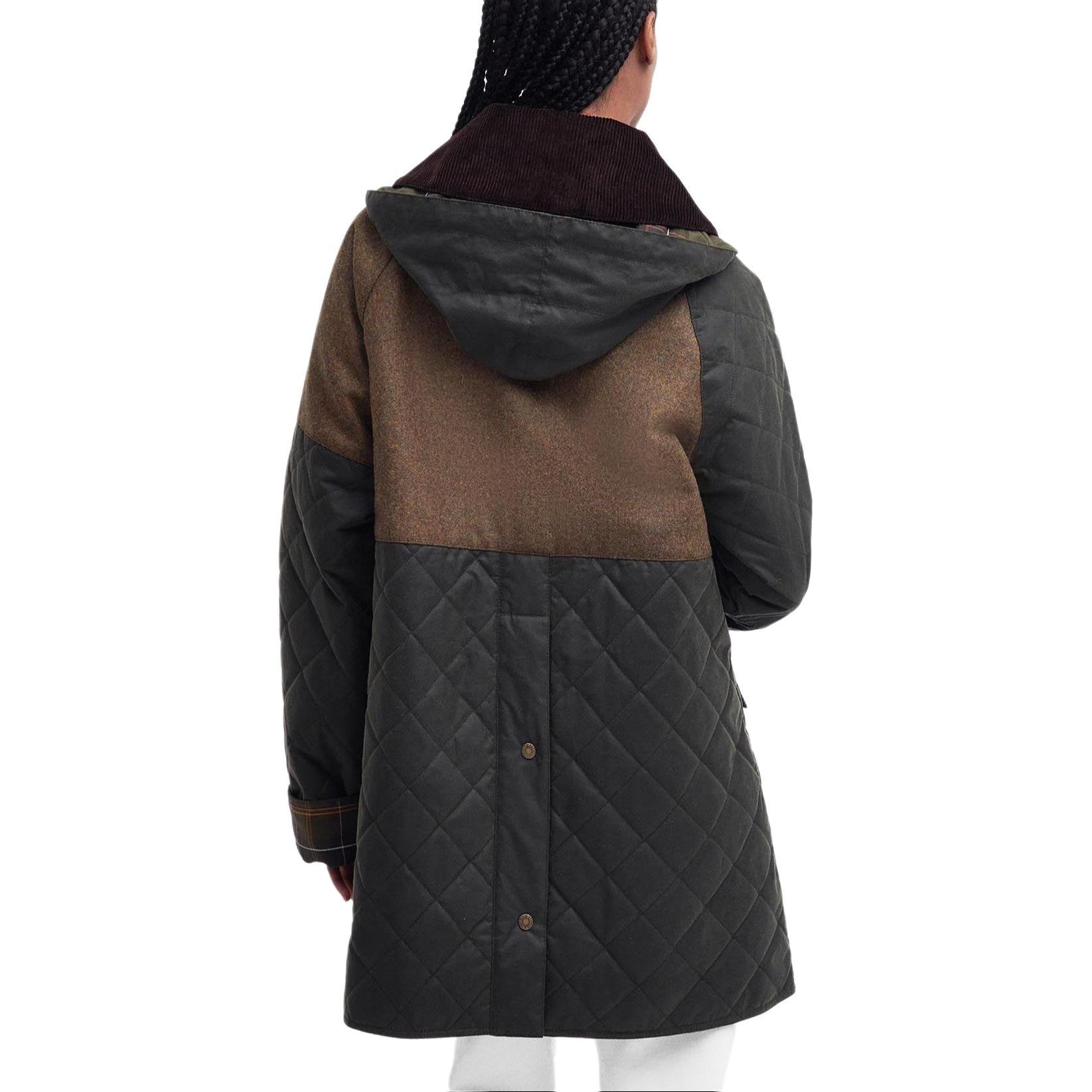 Shop (W) BARBOUR x GANNI SS24绿色拼接连帽外套绗缝蜡棉夹克 LWX1385OL51