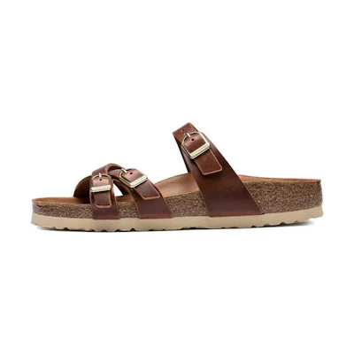 (W) Birkenstock Arizona 'Metallic Triple Buckle Soft Footbed Narrow Brown'