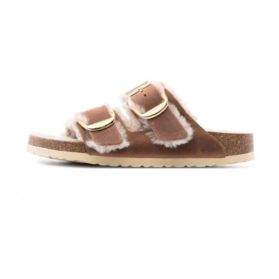 (W) Birkenstock Arizona Big Buckle Shearling Oiled Leather Narrow Fit 'Cognac'