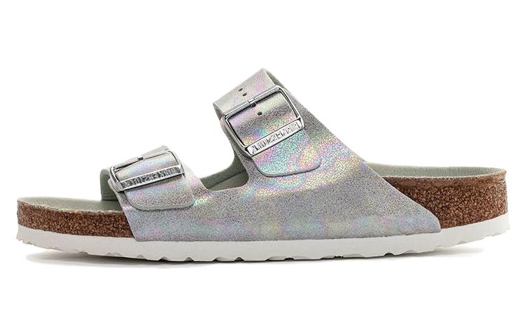 (Women) Birkenstock Arizona Vegan Microfiber Narrow Fit Sandals 'Iridescent Matcha' 1024099