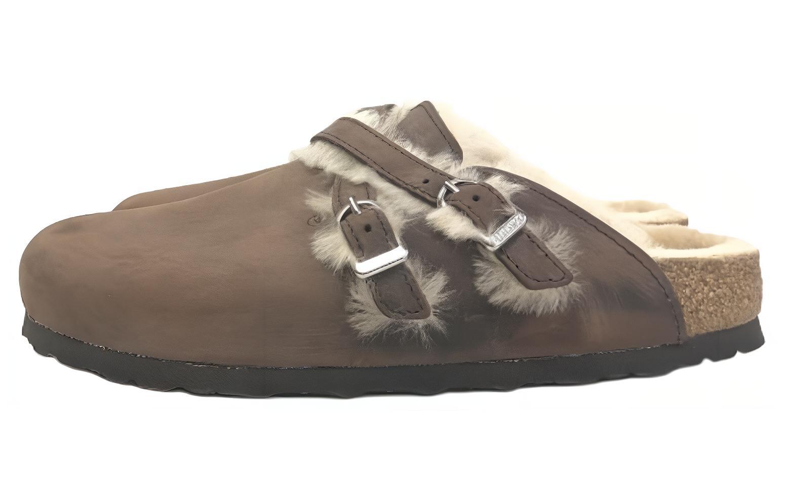 Order (Women) Birkenstock Blair Shearling Oiled Leather Sandals 'Brown' 1020390