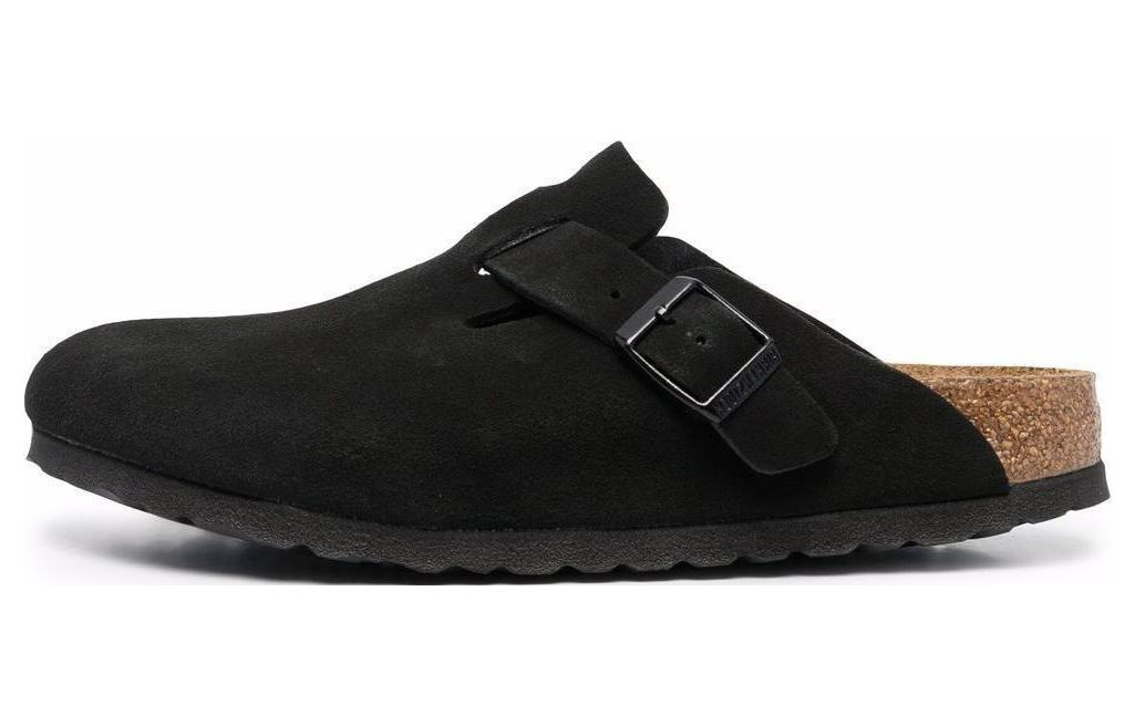 (Women) Birkenstock Boston Soft Footbed Suede Leather Narrow Fit Mules 'Black' 660473
