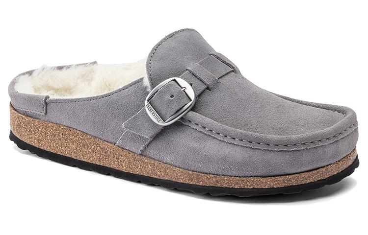 Order (Women) Birkenstock Buckley Shearling Suede Leather Narrow Fit Sandals 'Whale Gray' 1020671