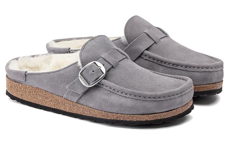Lookbook (Women) Birkenstock Buckley Shearling Suede Leather Narrow Fit Sandals 'Whale Gray' 1020671