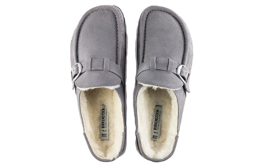 Shop (Women) Birkenstock Buckley Shearling Suede Leather Narrow Fit Sandals 'Whale Gray' 1020671