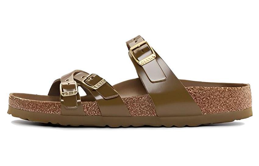 (Women) Birkenstock Franca Natural Leather Patent Narrow Fit Sandals 'High Shine Mud Green' 1024249