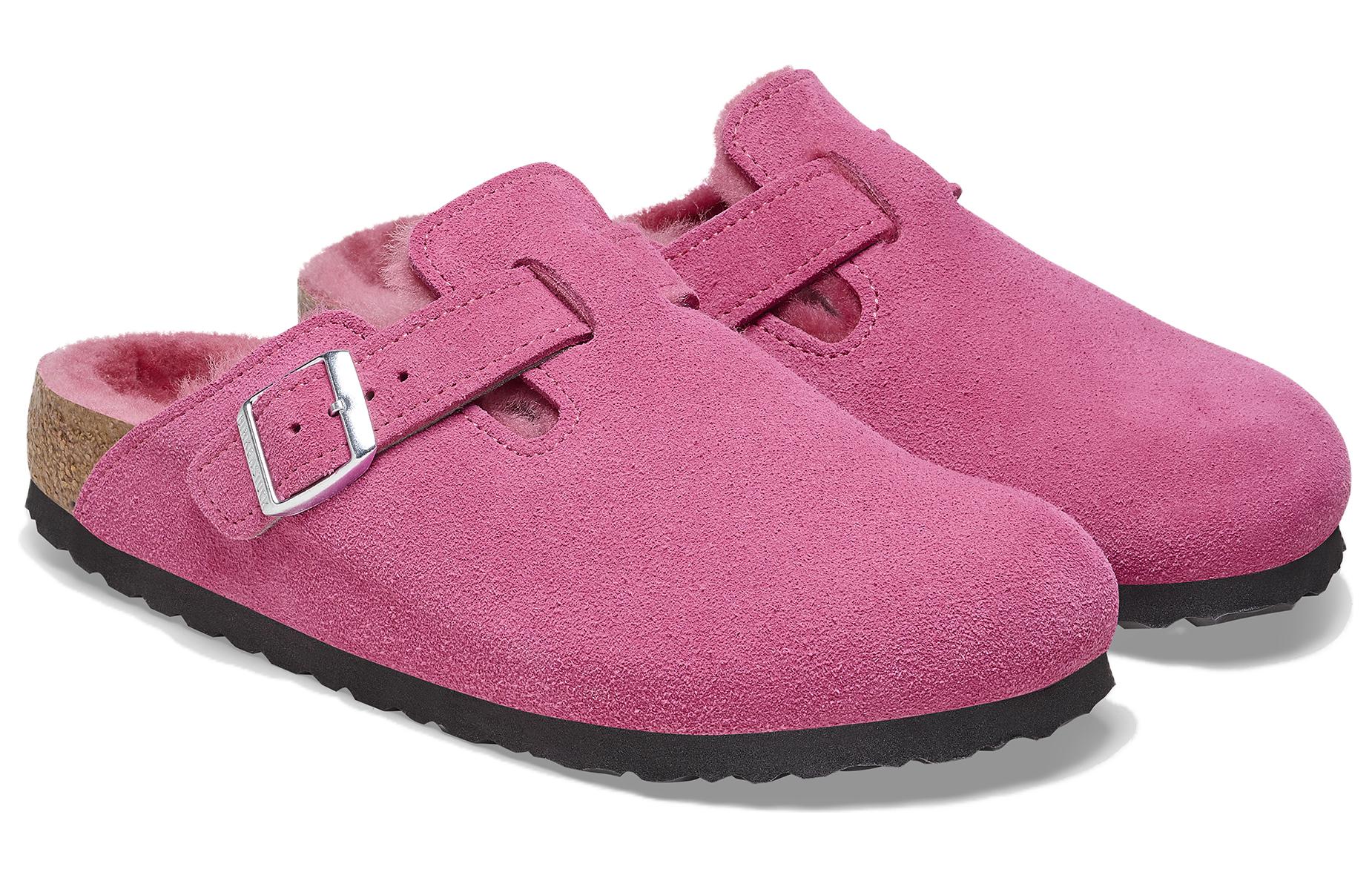 Lookbook Birkenstock 絨面 舒適保暖絨毛圓頭厚底 包頭拖鞋 女款 紫紅色 常規版