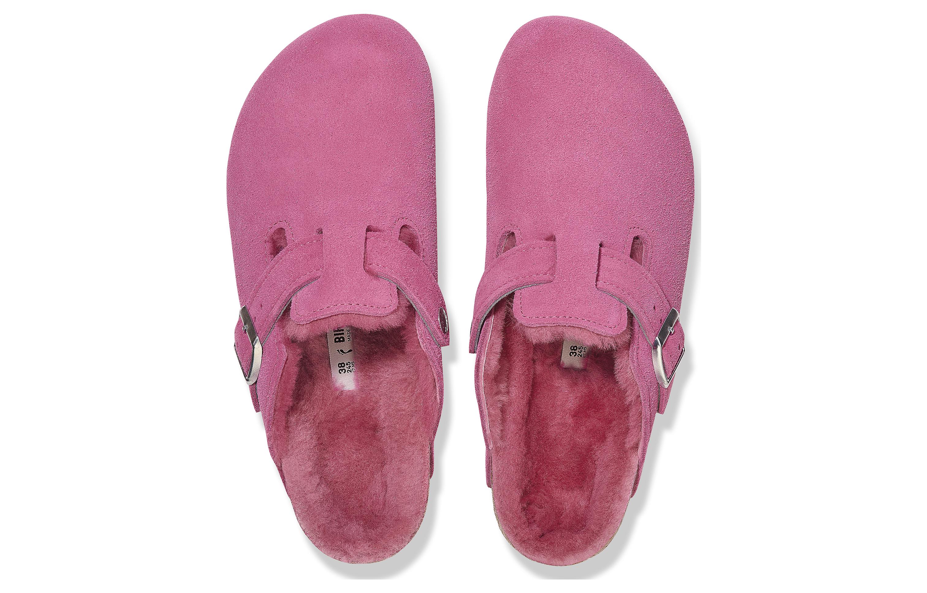 Shop Birkenstock 絨面 舒適保暖絨毛圓頭厚底 包頭拖鞋 女款 紫紅色 常規版