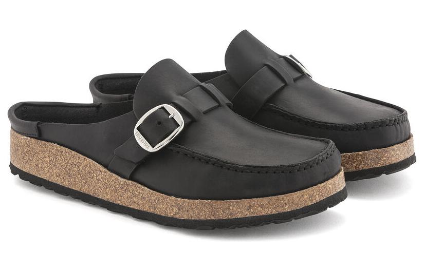 Lookbook (W) Birkenstock 黑色常规版皮革舒适圆头多功能平台露趾拖鞋 1024897