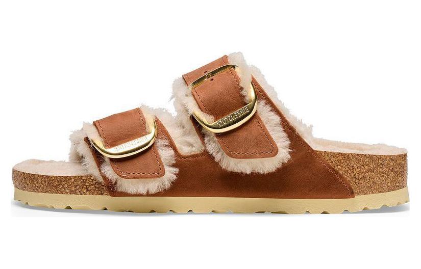 (Women) Birkenstock Leather Fleece-Lined Comfort Slides 'Metal Buckle Light Brown' 1025432