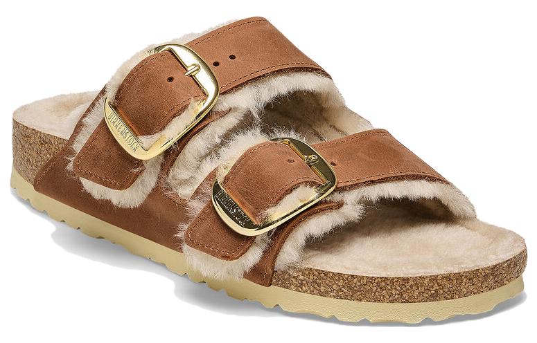Order (Women) Birkenstock Leather Fleece-Lined Comfort Slides 'Metal Buckle Light Brown' 1025432
