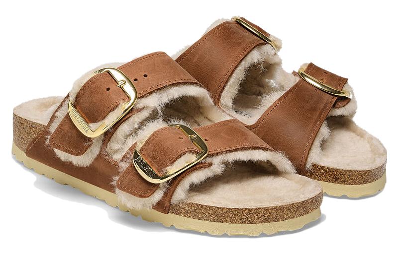 Lookbook (Women) Birkenstock Leather Fleece-Lined Comfort Slides 'Metal Buckle Light Brown' 1025432