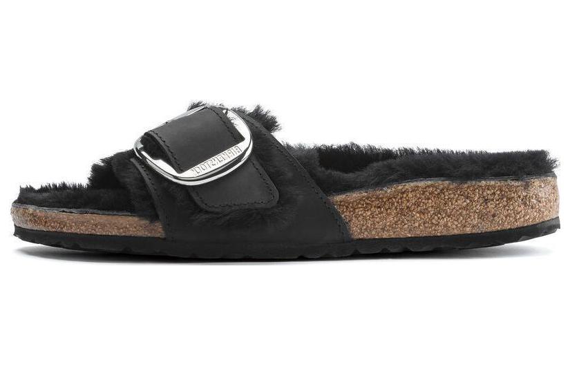 (Women) Birkenstock Madrid Big Buckle Shearling Oiled Leather Narrow Fit Sandals 'Black' 1020136