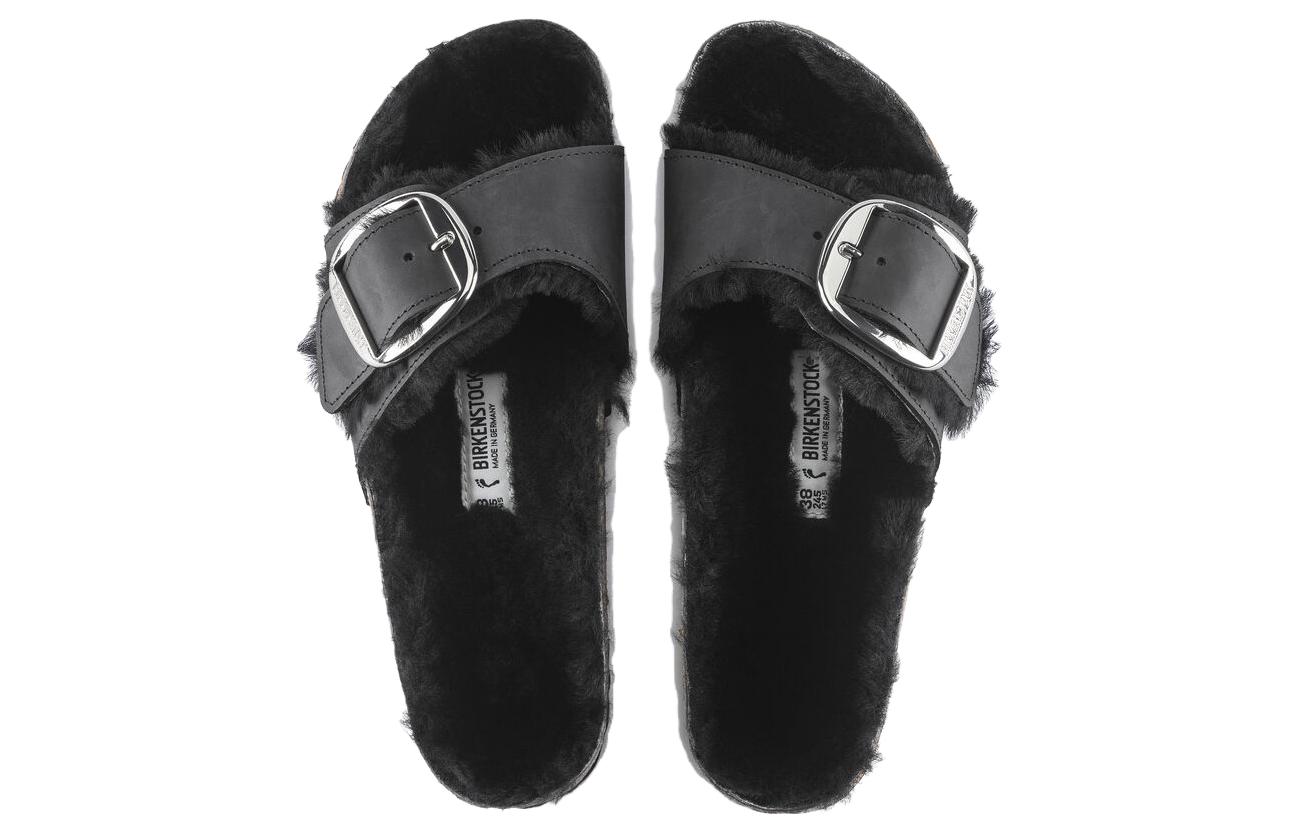 Shop (W) Sandal Birkenstock Madrid Big Buckle Shearling Kulit Hitam Fit Sempit 1020136