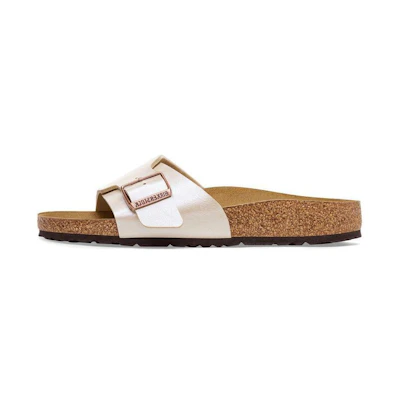 (W) Birkenstock PU Slides 'Pearl White Metal Buckle'