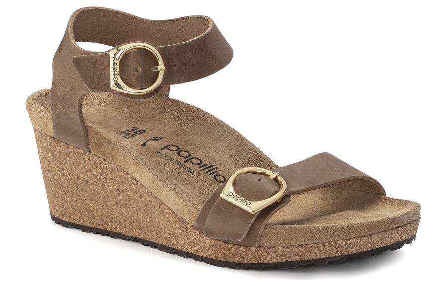 Order Birkenstock 絨面 舒適百搭圓頭增高坡跟 一字帶涼鞋 女款 淺栗色
