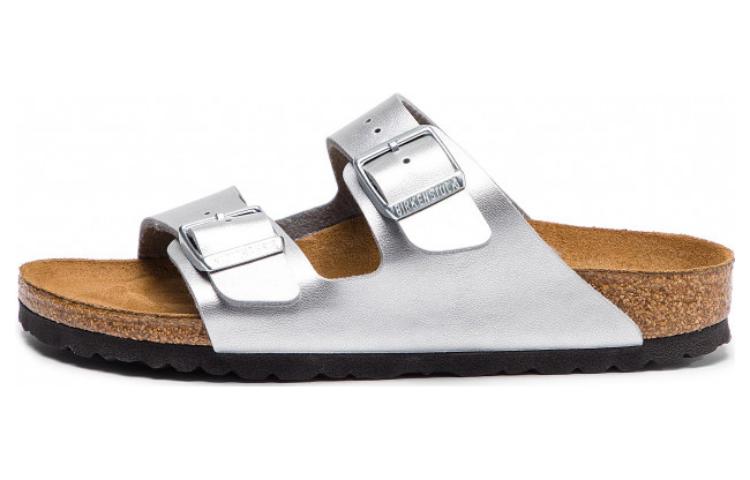 (Women) Birkenstock Silver Leather Buckle Mules Sandals Fashion Slides 1012283