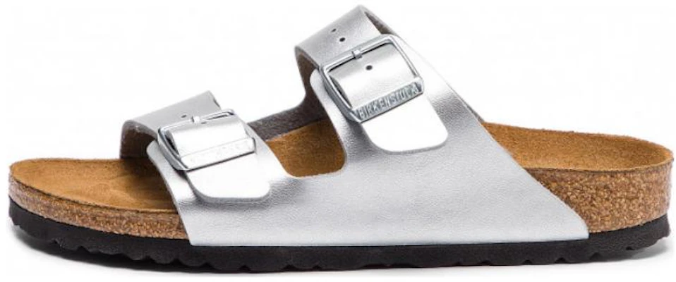 (Women) Birkenstock Silver Leather Buckle Mules Sandals Fashion Slides 1012283 Buy (Women) Birkenstock Silver Leather Buckle Mules Sandals Fashion Slides 1012283