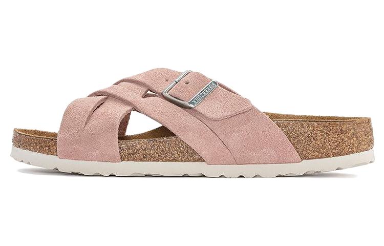 (W) Birkenstock Suede Soft Footbed Cross-Strap Slide 'Pink Regular'