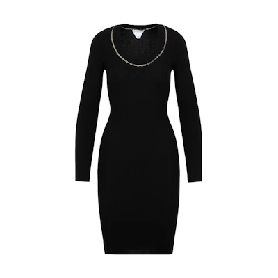 (Women) Bottega Veneta Black Knit Long-Sleeve Dress with Chain Detail. 707797V26X01000