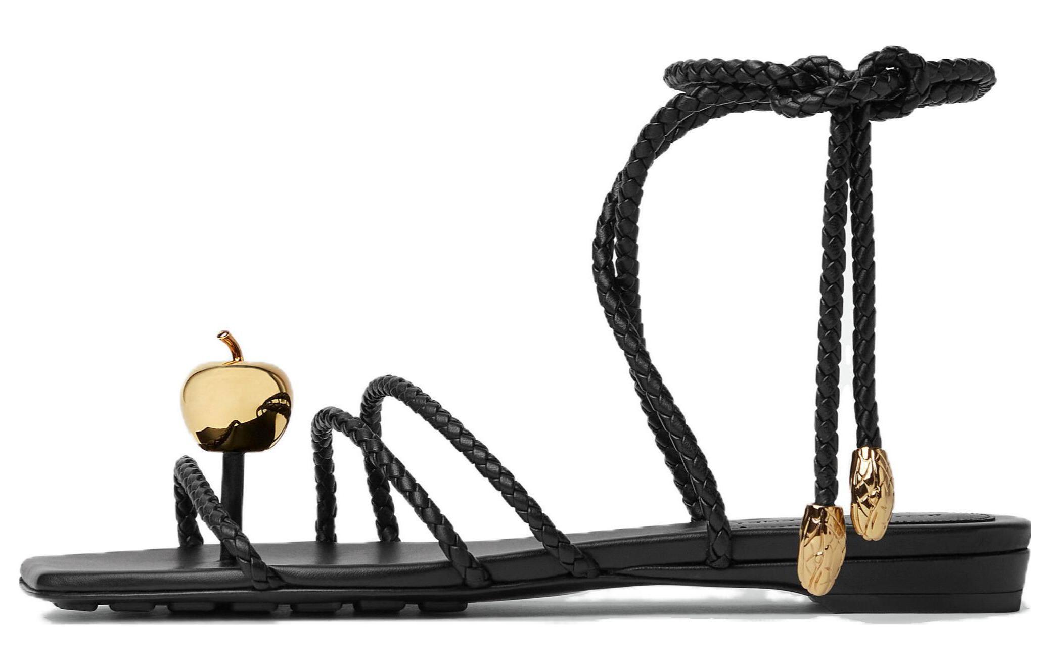 (W) Bottega Veneta Adam Flat 'Black Square Toe Open Strap Sandals'