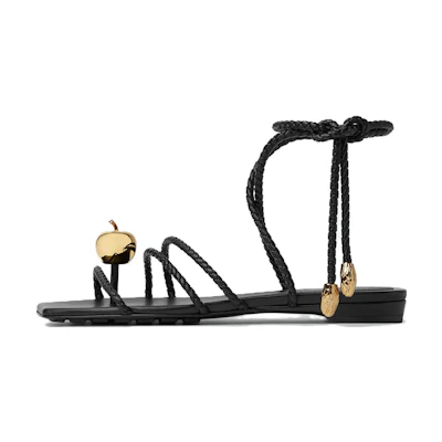 (W) Bottega Veneta Adam Flat 'Black Square Toe Open Strap Sandals'