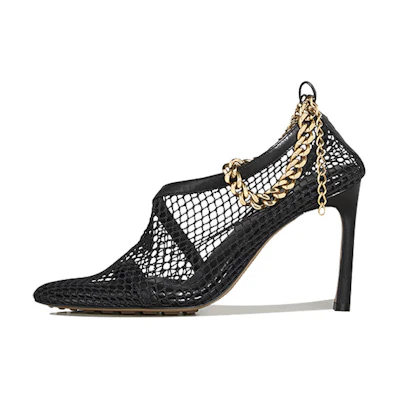 (W) Bottega Veneta Chain-Trimmed Mesh Sandals Gold 'Black'